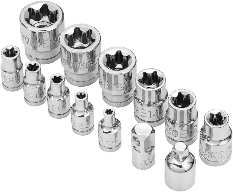 JU JIAN TEC 13-Piece E-Torx Socket Set with 6-Point Star Design - E4 to E20 Sizes, 1/4” & 3/8” Drive, Hardened CR-V Steel, Impact Wrench Compatible, Sturdy Molded Case - Image 1